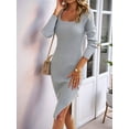 thumbnail image 2 of Women 2025 Summer Ribbed Short Sleeve Bodycon Maxi Dress Side Slit Knit Square Neck Long Sundress Grey L, 2 of 7