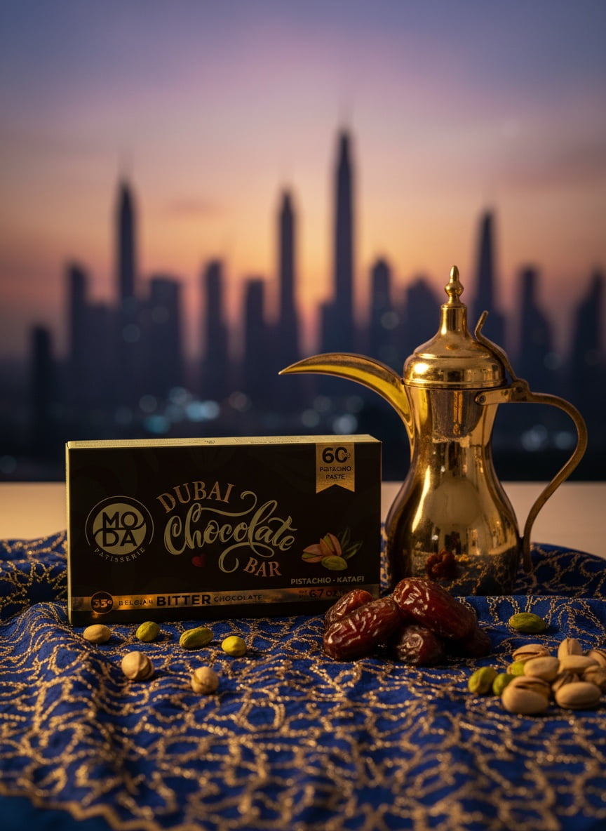 Moda Patisserie Bitter Pistachio Kunefe Dubai-Style Chocolate Bar 7 oz (200g) | Handcrafted Turkish Sweets Made in Türkiye | Gourmet Luxury Dessert Gift Box for Ramadan, Eid & Celebrations