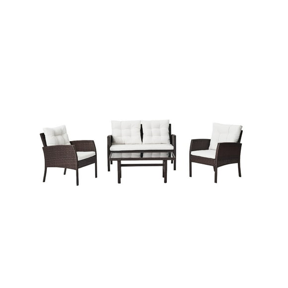 Naterial Set de Jardín : Sofá de Dos Plazas Tipo Ratán + Dos Sillas Individuales Tipo Ratán + Una Mesa de Centro con Cubierta de Vidrio, Modelo Amos