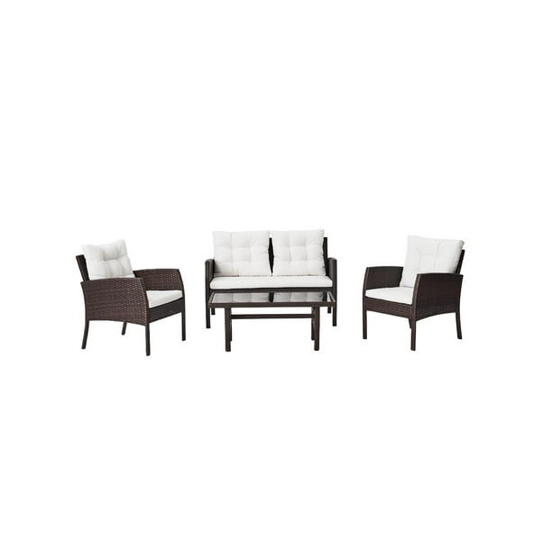 Naterial Set de Jardín : Sofá de Dos Plazas Tipo Ratán + Dos Sillas Individuales Tipo Ratán + Una Mesa de Centro con Cubierta de Vidrio, Modelo Amos