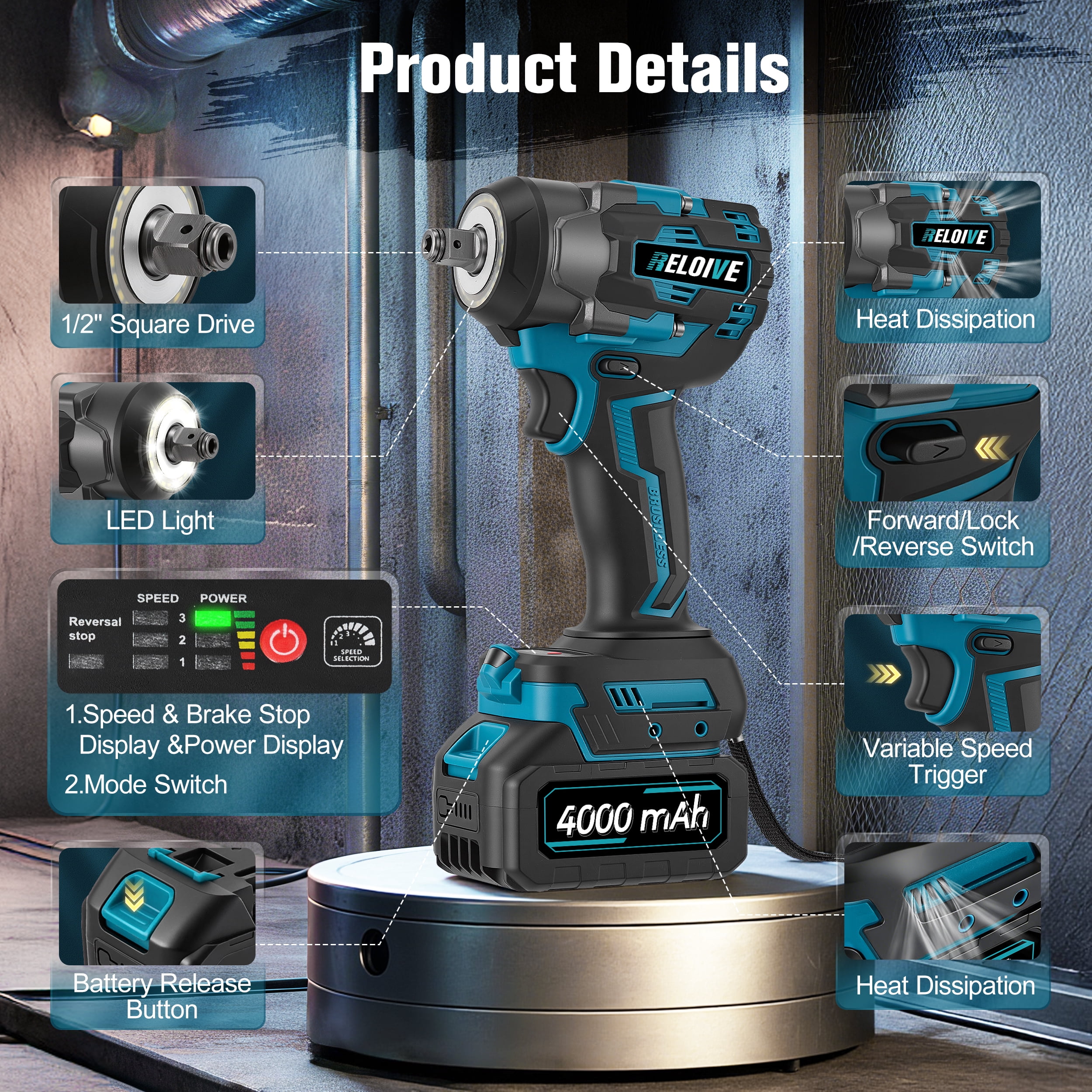 RELOIVE Cordless Impact Wrench Kit,663.8 FT-lbs(900N.m) Max Torque,1/2" Heavy-Duty Brushless Motor,4-IN-1 Electric Impact Driver,2 x 4.0Ah Batteries for Car Home Repair