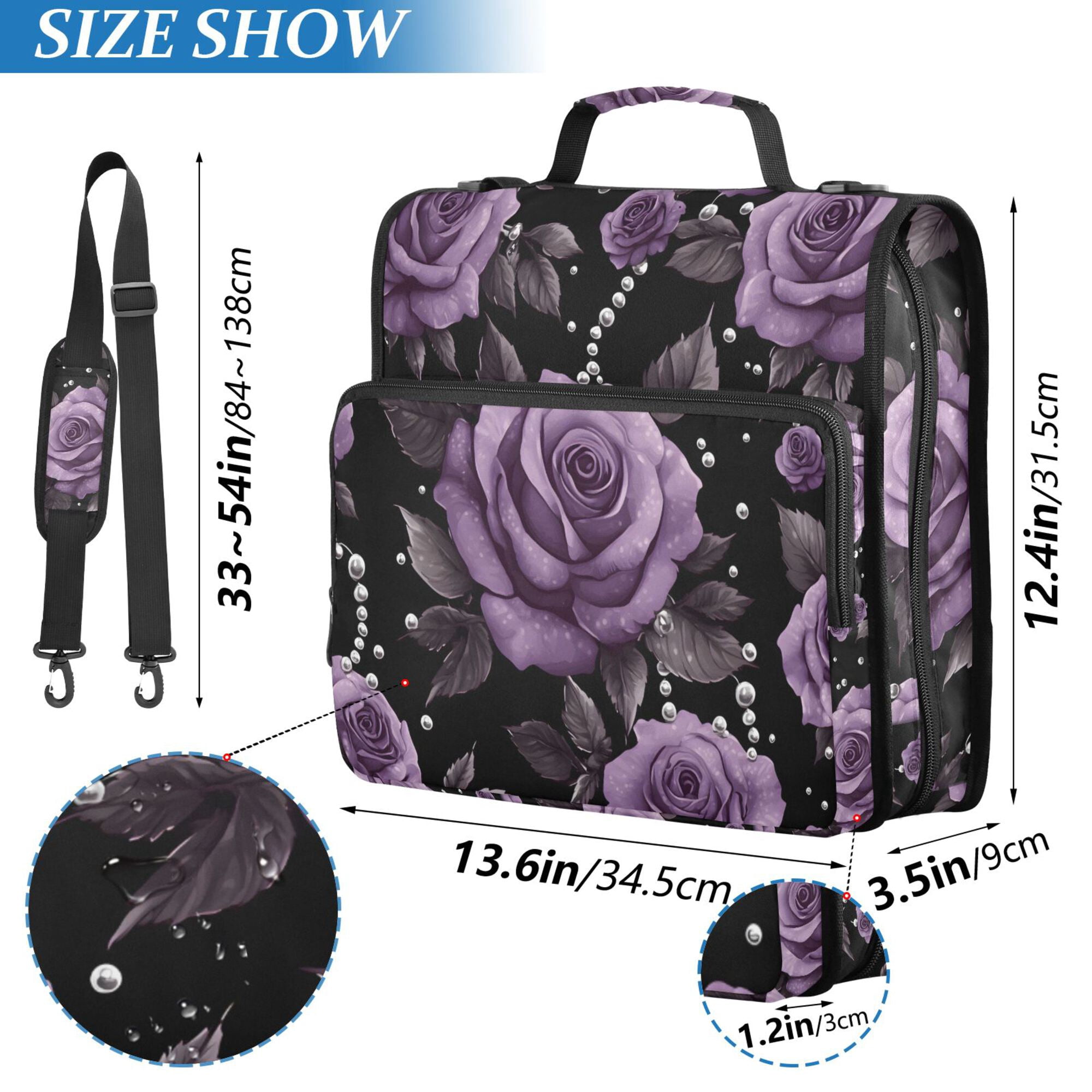 FORMRS Zipper Binder with Shoulder Strap 2-inch Ring 500 Sheet Capacity File Bag, Black Roses