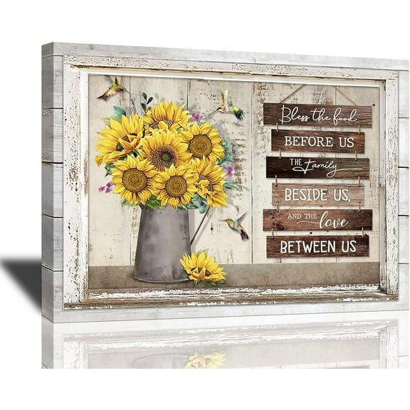 Farmhouse Kitchen Wall Art Rustic Sunflowers Hummingbirds Canvas Prints Painting Bless Inspirational Quotes Wall Decor Country Floral Framed Artwork for Dining Room Kitchen 16"x12"