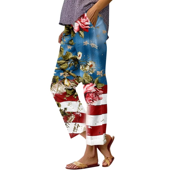 America 250 Pants for Women Independence Day USA Flag Print Wide Leg Pajama Bottoms Elastic High Waist Relaxed Fit Comfy Trousers with Pocket, #01 Royal Blue, XL