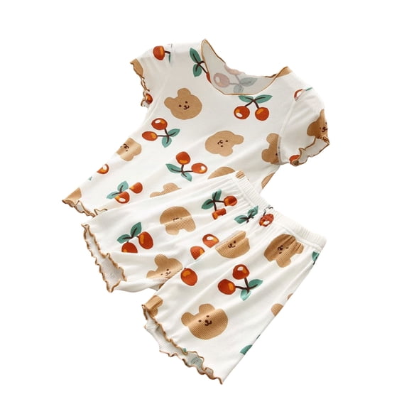 Staki Toddler Pajamas Organic Cotton Baby Girl Home Pajamas Summer Short Sleeve Kids Cute Bear Print Clothes Snug Fit Pjs Set 2 Piece 3T 4T 5T White,12-18 Months