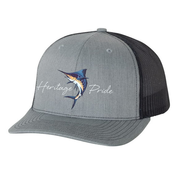 Heritage Pride Marlin Mens Embroidered Mesh Back Trucker Hat, Heather Grey/Black