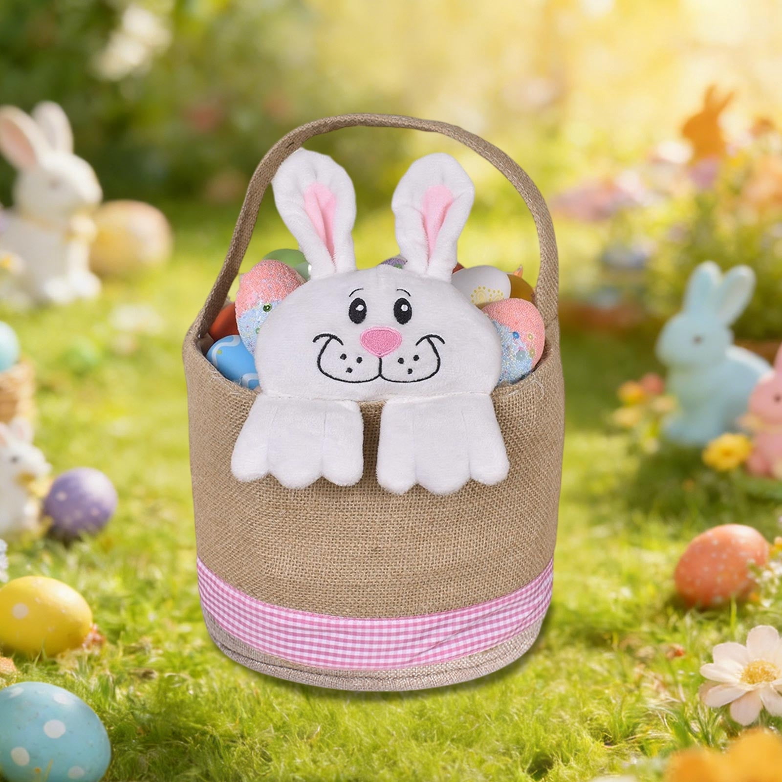 Lunxisen 1 Pcs Easter Bunny Basket Decorated Bunny Gift Basket for Easter Spring Holiday Party Home Decoration