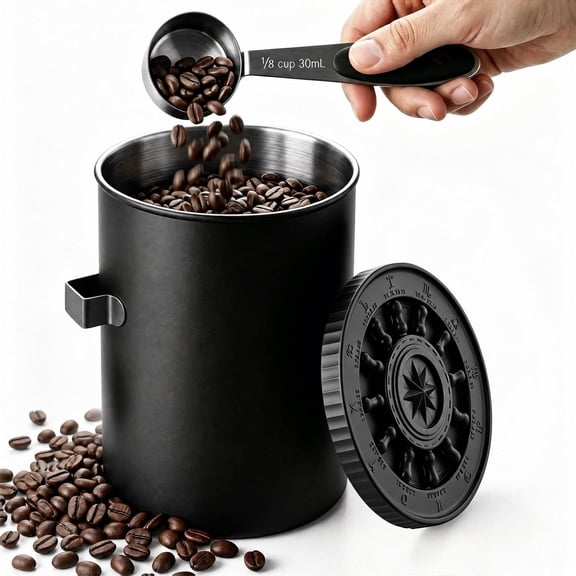 Riousery 60 oz Matte Black Stainless Steel Coffee Canister, Airtight Storage for Beans, Tea & Sugar with Valve and Scoop