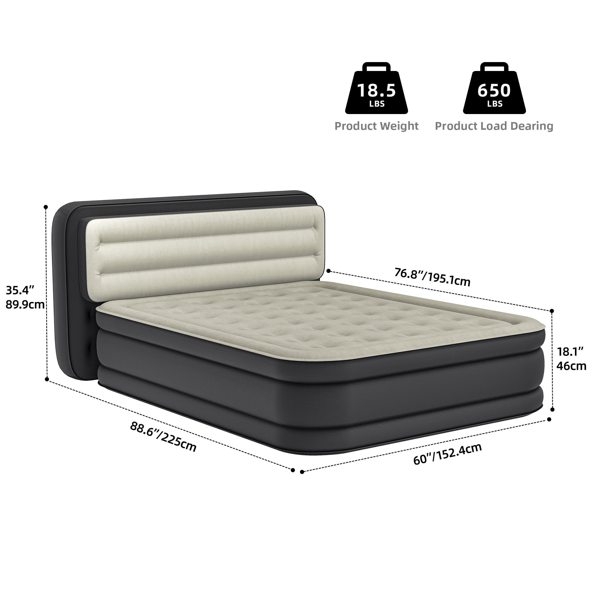 Uforic 18" Queen Air Mattress with Banded Headboard, Flocked Top Inflatable Air Bed with Pump, Portable Blow Up Mattress for Home Camping Guests, Black