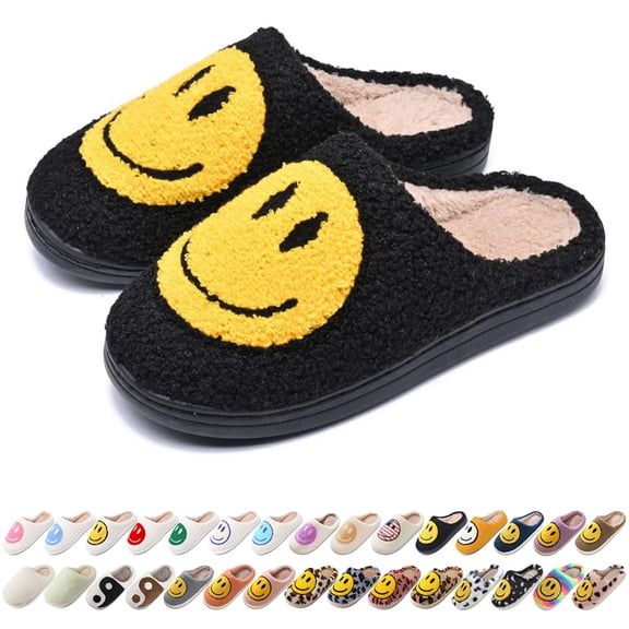 AIMINUO Women's Men's Smile Face Slippers Comfy Warm Plush Slip-On House Slipper for Winter Indoor Soft Cushioned Non-slip Slippers Black