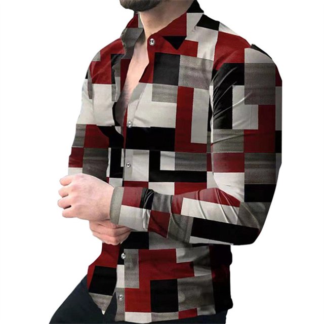 Camisas de primavera con estampado 3D de cuadros y flores para hombre, camisas de manga larga con solapa y botones, ropa informal ajustada a la moda