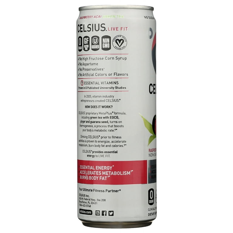 Pack of 12, Celsius Fizz Free Raspberry Acai Green Tea, 12 oz