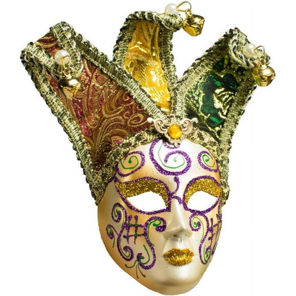 6" Mardi Gras Venetian Mask Ornament With Fabric Hat lamé with gold jingle bells Christmas Holiday ornament Decor Decoration