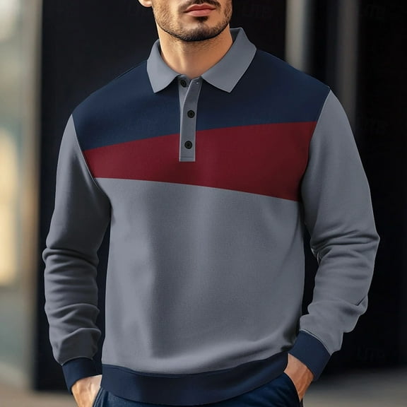 QHRMKOG Polo Long Sleeve Shirts for Men Comfort Color Block Golf Shirt Loose Fit Collared Golf Tshirts Fashion Tops Gray XL
