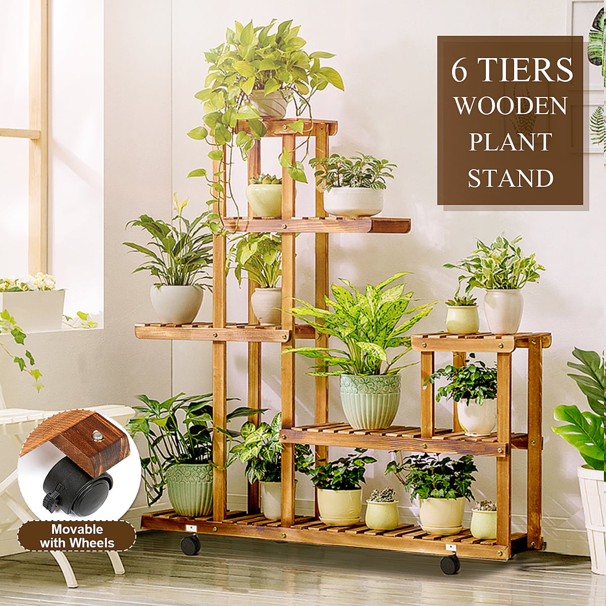 Rolling Plant Stand Natural Wood 6 Tier Flower Pot Rack on Wheels Indoor Outdoor 