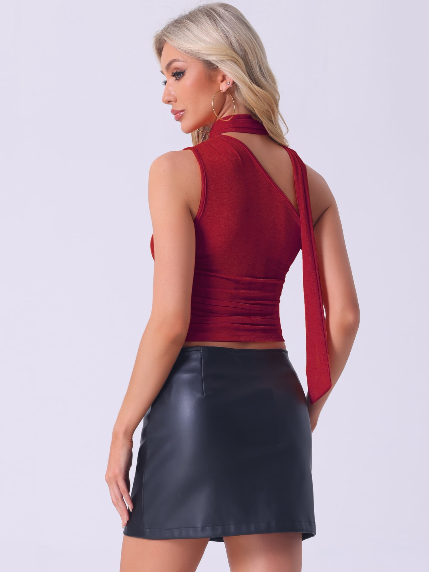 DARING DIVA Women's One Shoulder Sleeveless Ruched Crop Tank Top L Red