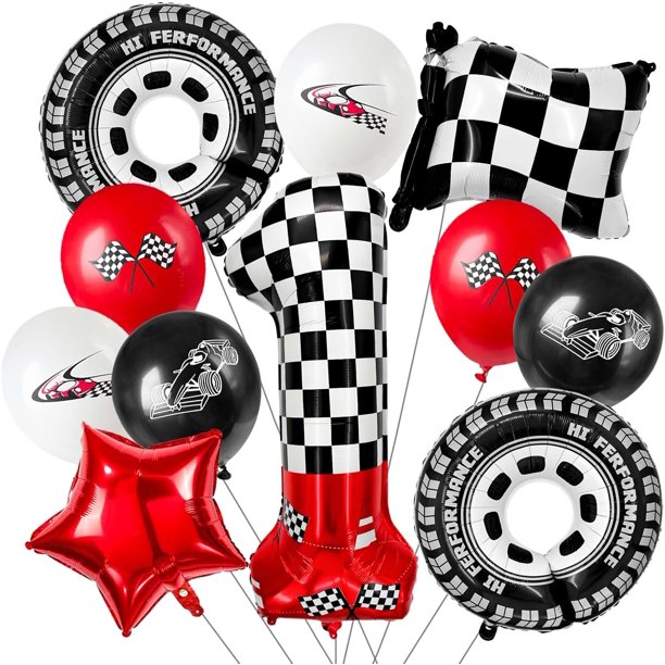 racing theme 40-inch digital foil balloon, featuring black and white checkered pattern and red racing elements, perfect for birthday party decorations and racing-themed events. (Number 3, 11)