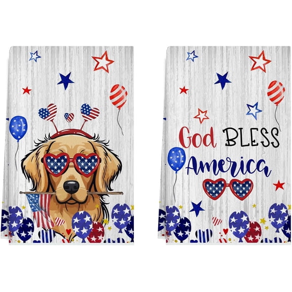God Bless America Dog Balloons America Stars Patriotic 4th of July Memorial Day Independence Day Kitchen Towels Dish Towels 18x26 Inch Set of 2 Home Decorations Hand Towels Drying Dishcloth