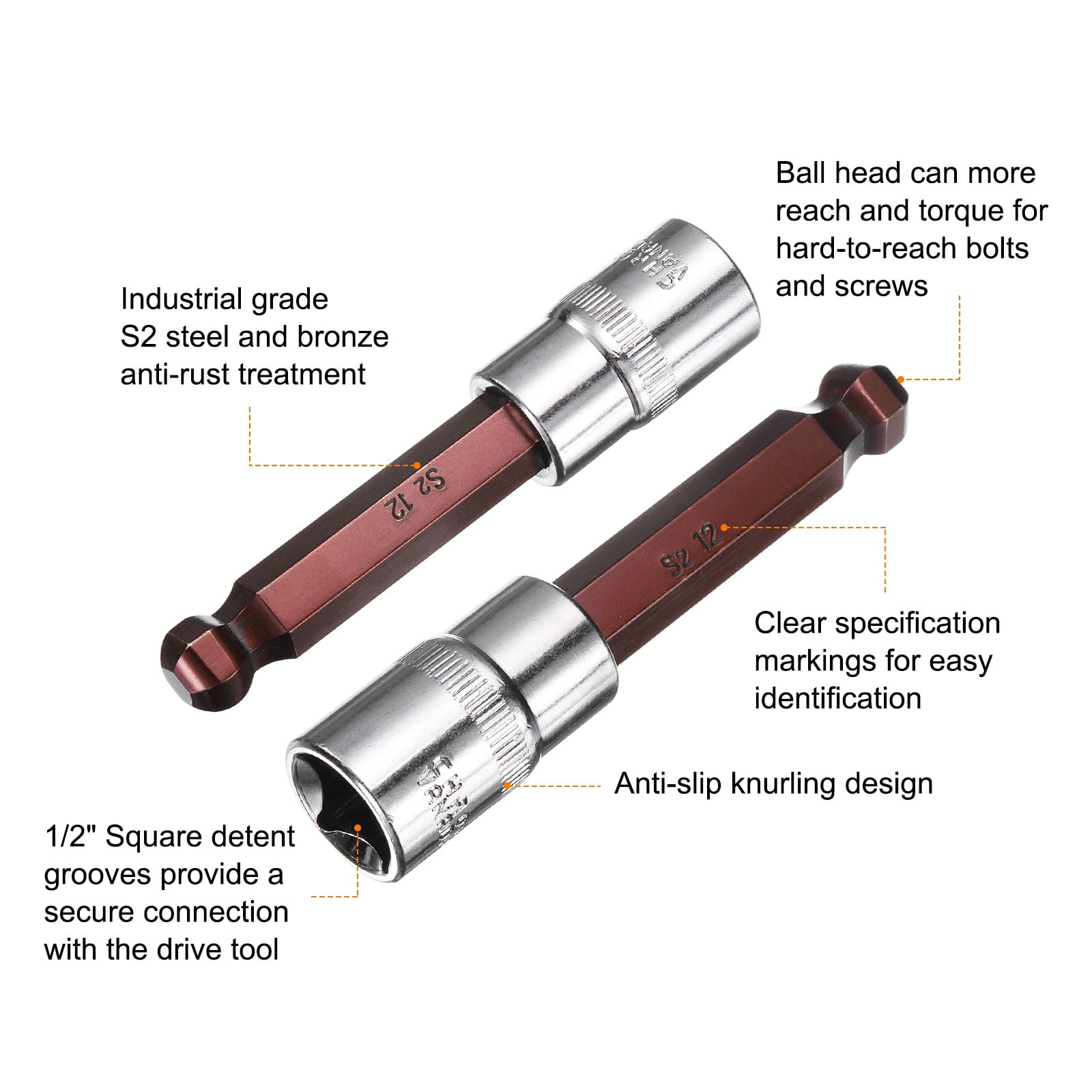Uxcell 3pcs 12mm Ball End Hex Bit Socket 1/2" Square Drive Metric Extension Impact Bit Power Nut Driver Set S2 & CR-V Steel Socket Ratchet Wrench Bits