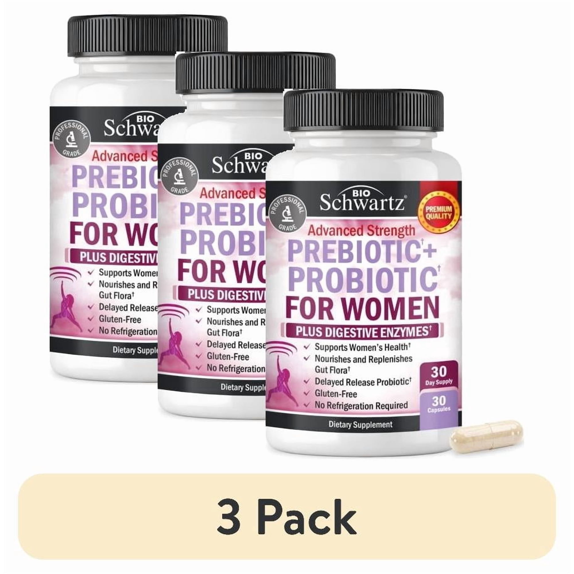 (3 pack) BioSchwartz Prebiotics and Probiotics with Digestive Enzymes for Women, 30 Capsules