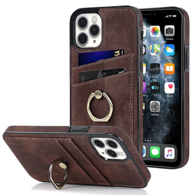 Funda de piel estilo vintage para iPhone 11 Pro con ranura para tarjetas, anillo giratorio de 360 grados, protección para la cámara, protección en las 4 esquinas, funda de teléfono muy resistente.