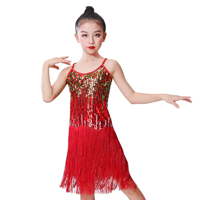 Landzoo One Robe à Paillettes pour Filles Robe de Danse Latine Robe de Performance Robe à Franges Robe de Spectacle Robe Respirante et Mignonne pour Filles