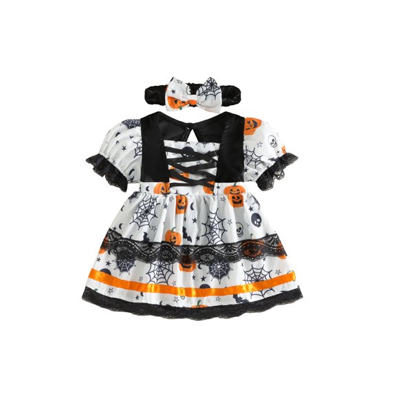 RUINIXCW Baby Girl Halloween Dress Pumpkin Skull Print Short Sleeves Dress Headband