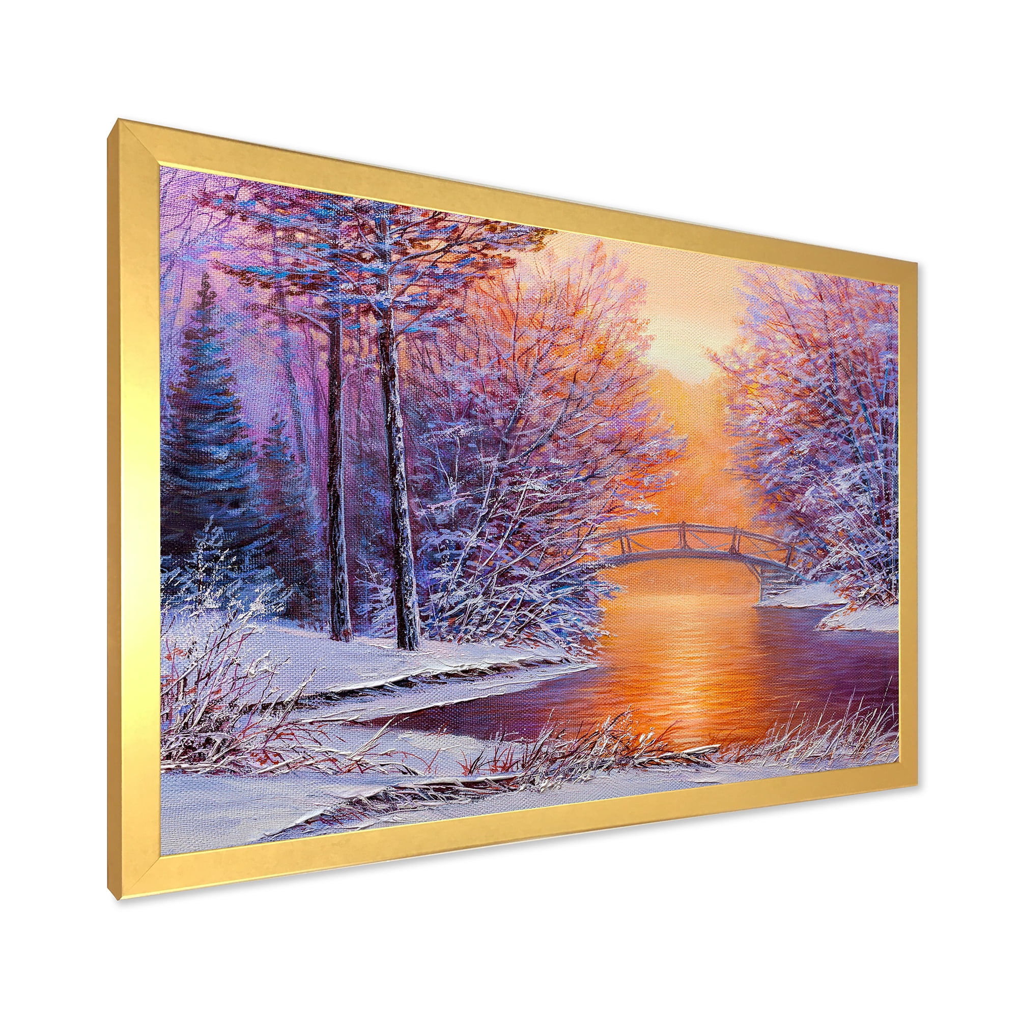 Designart 'Winter Landscape With Bridge Over The River' Traditional Framed Art Print