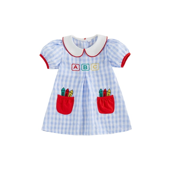 Cenuakty Girls A-line Dress, Short Sleeve Doll Collar Plaid Pens Summer Dress Back to School Clothes