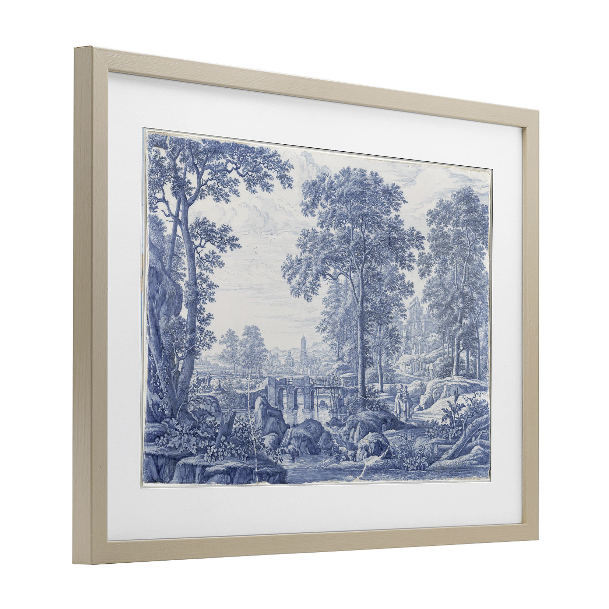 Vintage Blue Tinted Toile Birch Framed Print Under Glass, design by Vintage Hustle