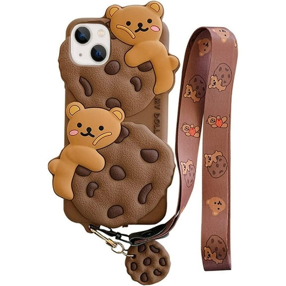 for iPhone 12/12 Pro Case Cookie Bear Kawaii Phone Cases,Cute iPhone 12 Case with Strap Lanyard 3D Cartoon Bear Soft Silicone Protective Case Funny for iPhone 12 Pro Women Girls