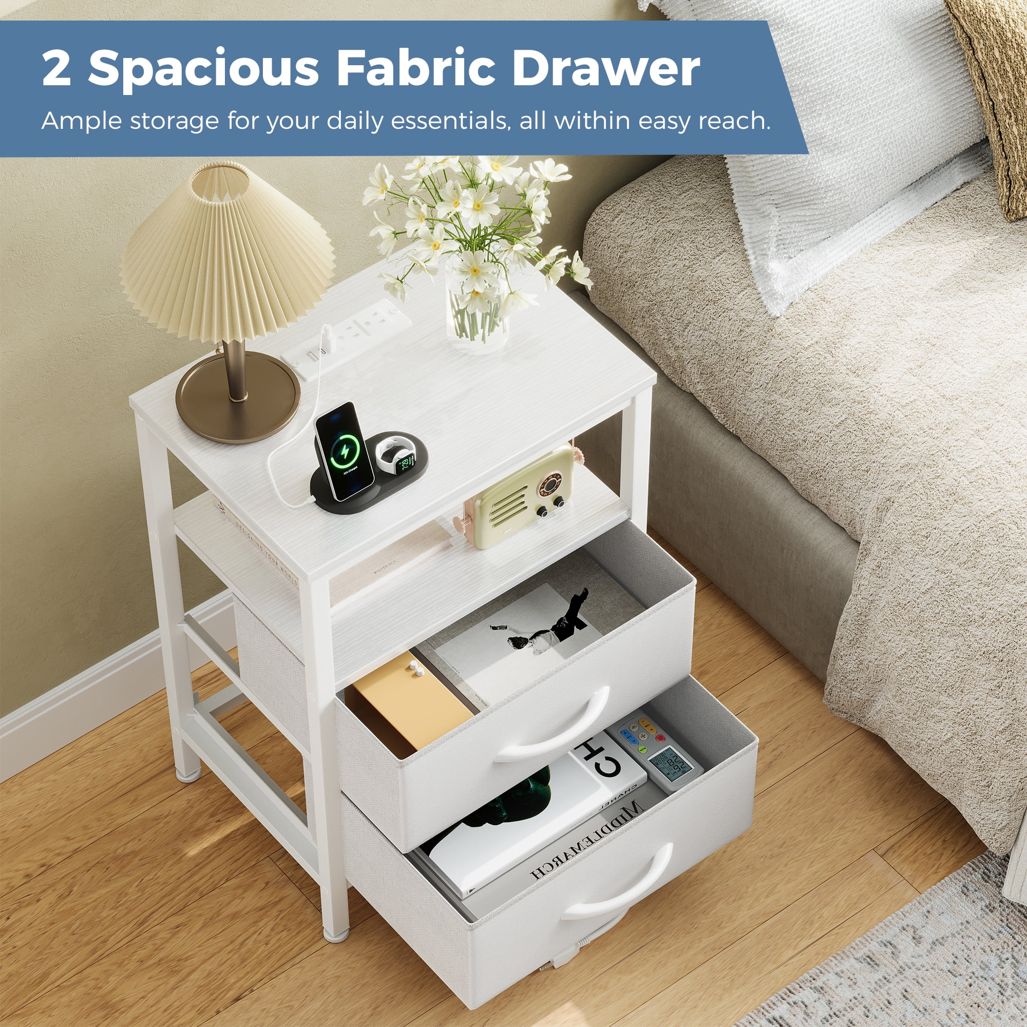 CONCETTA Set of 2 Small Nightstand with Charging Station, 2 Fabric Drawer, End Table with USB Ports and Outlets for Bedroom, White