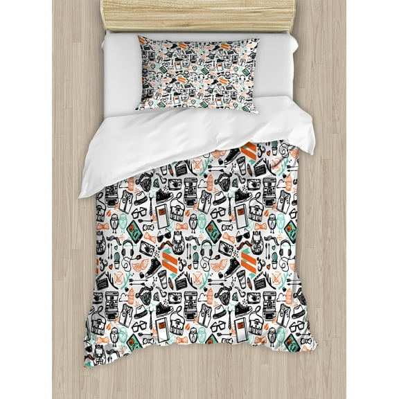 Indie Duvet Cover Set, Hipster Fashion Themed Pattern Clothing Accessories and Sketchy Art, Decorative 2 Piece Bedding Set with 1 Pillow Shams, Twin Size, Seafoam Orange Black, by Ambesonne
