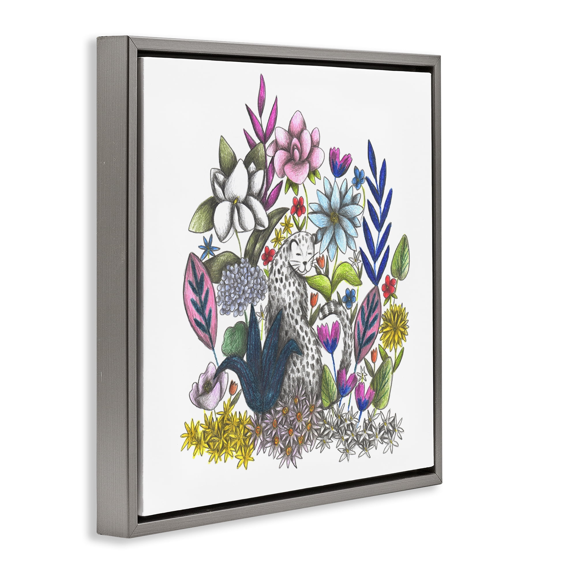 Leopard in Midst of Flowers Gray Framed Floater Canvas Wall Art, design by Cecilia Battaini