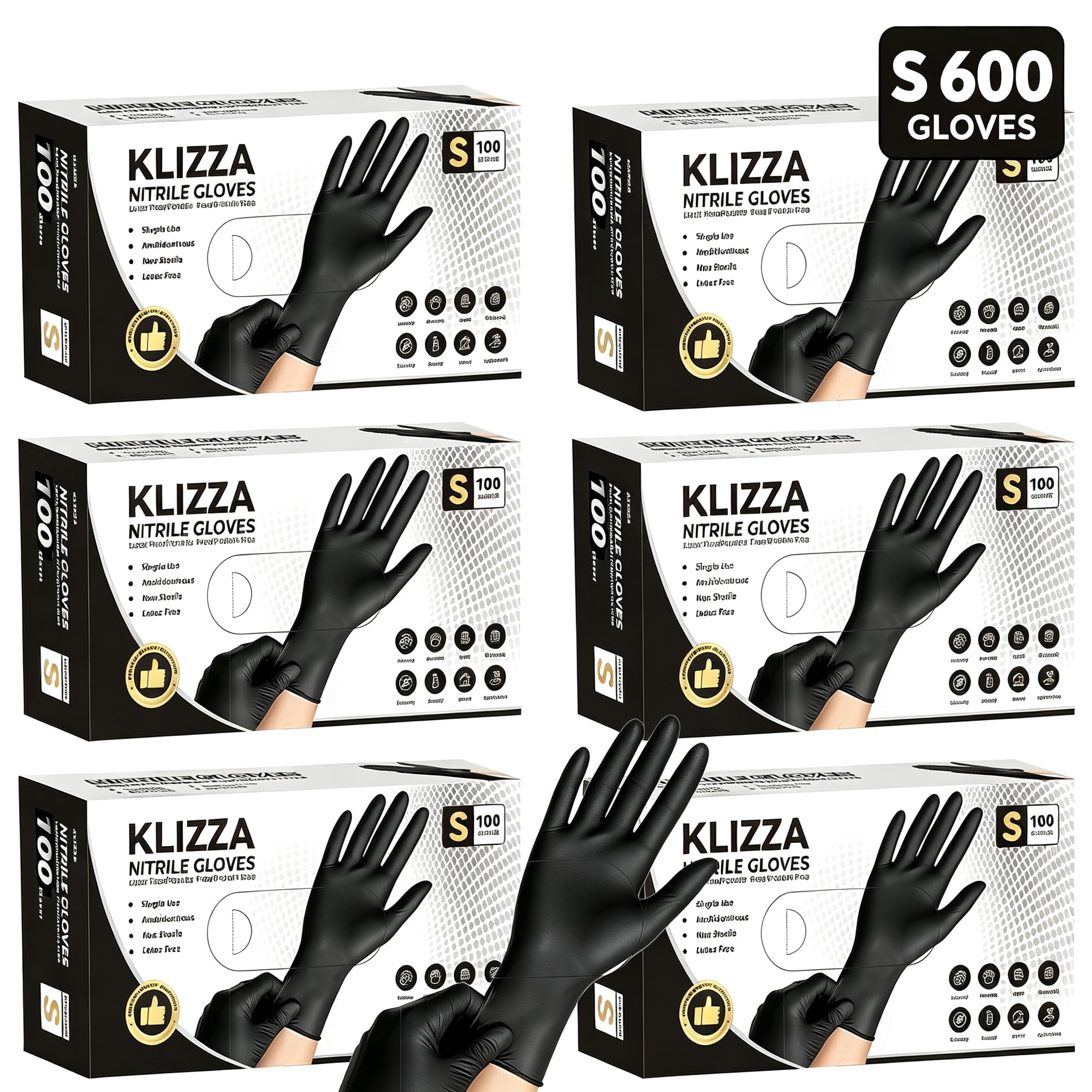 KLIZZA 5 Mil Black Nitrile Disposable Gloves, 600 Count, Latex & Powder Free, FDA Food-Grade, Textured Grip for Cooking, Tattoo, Auto Repair & More (S Size)