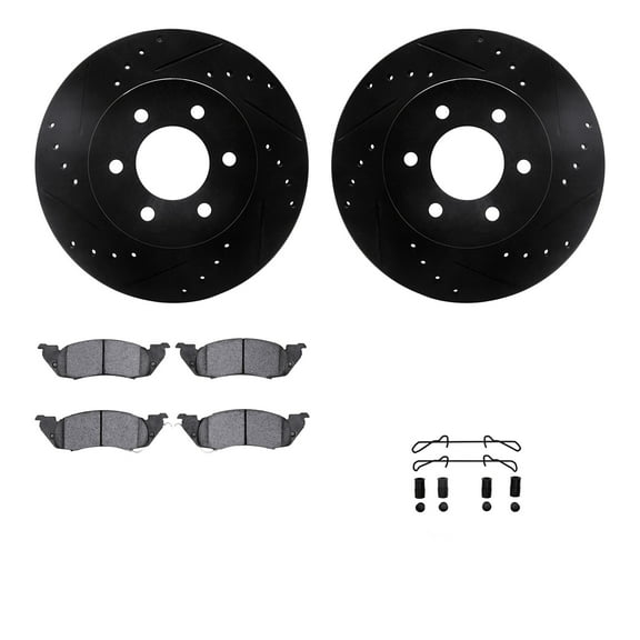 Dynamic Friction Company Front Brake Rotors-Drilled and Slotted-Black with Heavy Duty Brake Pads includes Hardware 8212-40129