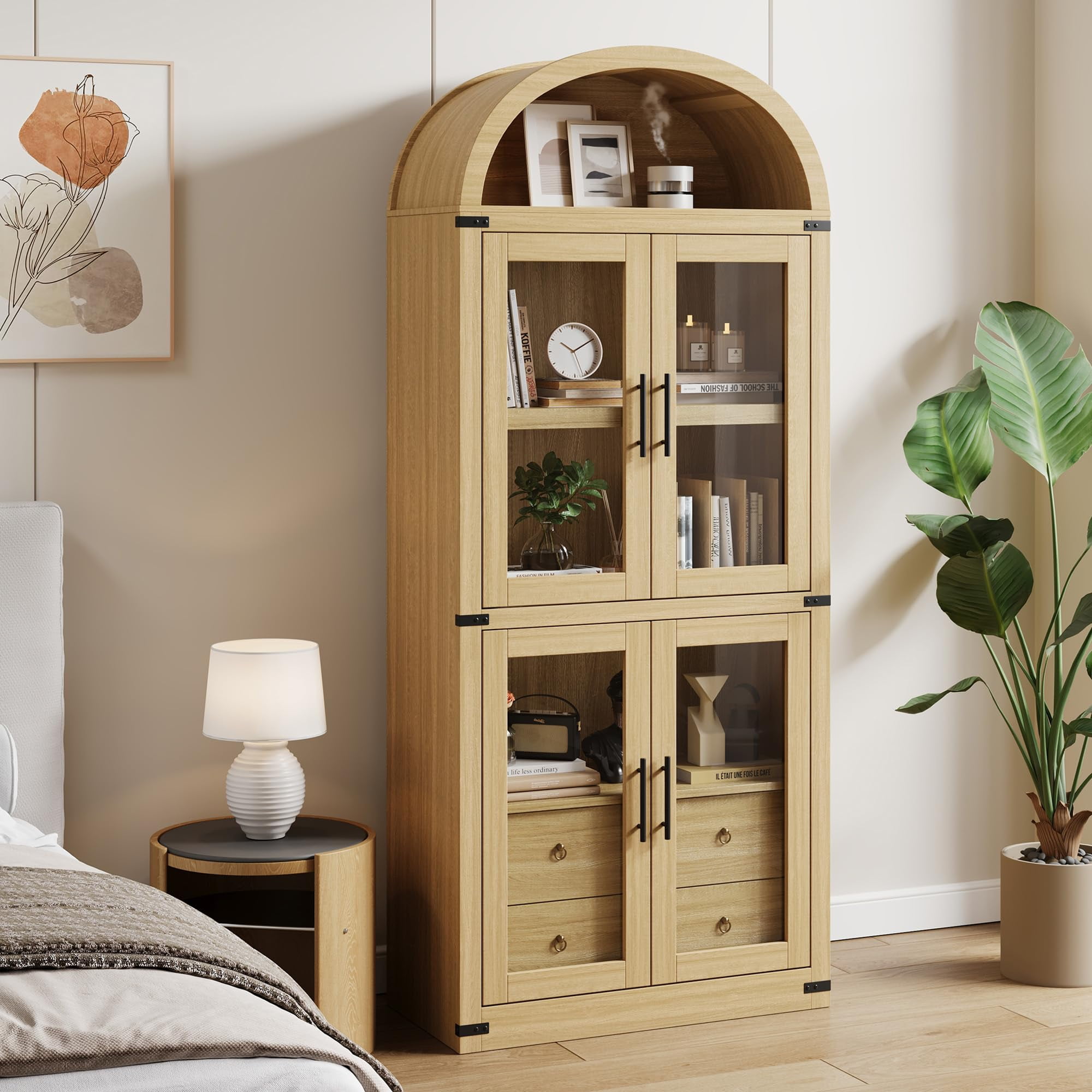 Litake Arched Pantry Cabinet with Doors 71.4in Tall Wood Bookcase with 2 Drawers Farmhouse Kitchen Cupboard Modern Display Storage Cabinet for Kitchen, Dining Room, Bathroom