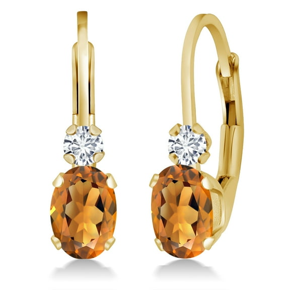Gem Stone King 14K Yellow Gold Orange Red Madeira Citrine and White Diamond Leverback Earrings for Women | 0.87 Cttw | Gemstone November Birthstone | Oval 6X4MM, Round 2MM | 3/4 inch