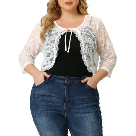 Agnes Orinda Women's Plus Size Bolero Cardigan Office Tie Front Crop Floral Sheer Lace Shrug 1X White
