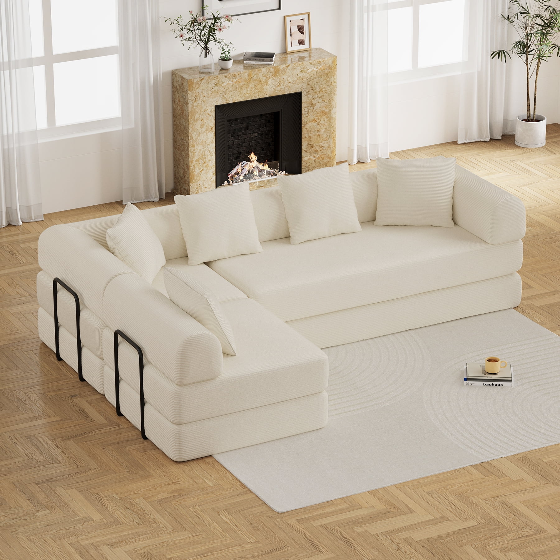 157" Convertible Sleeper Sofa Bed,Corduroy Futon Sofa Couch with High-Density Foam,Deep Seat Sofa for Living Room, Bedroom,Beige