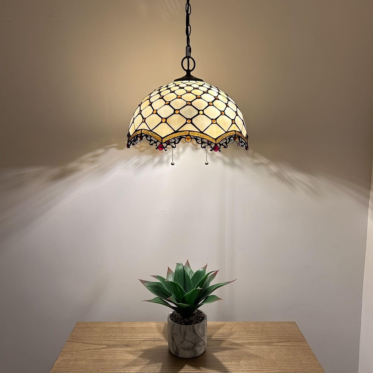 Tiffany Pendant Lights Fixture Beige Stained Glass Crystal Beans LED Bulb Included for Dining Room Hotel Restaurant Cafe 16"W*16"D*75"H