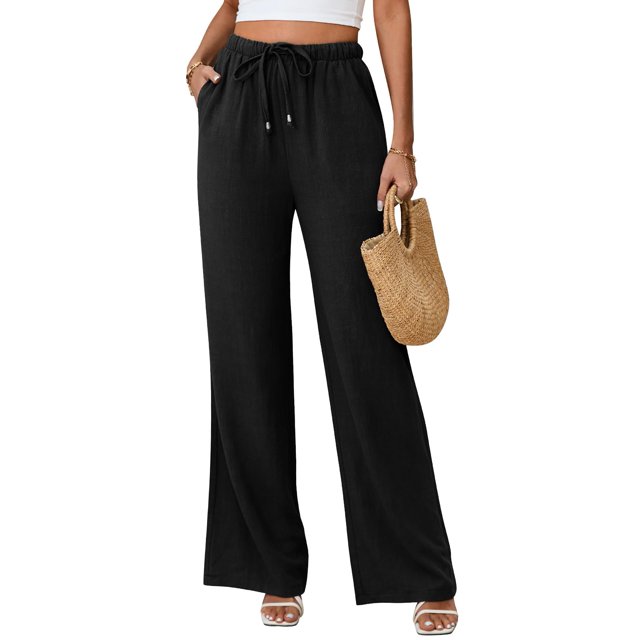 Pantalones de lino Jyanl Flowy Palazzo de cintura alta para mujer, negros 2025