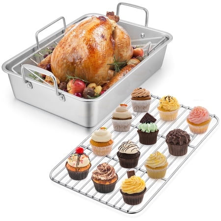 Walchoice Roasting Pan with Rack Set, 16 Inch Stainless Steel Large Turkey Roaster with V-shaped rack & Cooling Rack for Thanksgiving, Heavy Duty & Dishwasher Safe