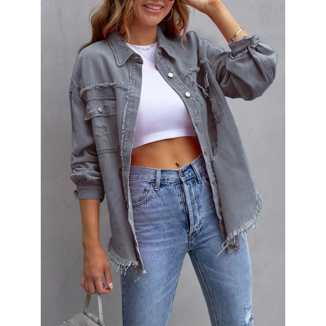 SEARIPE Women‘s Casual Denim Jacket Frayed Hem Ripped Long Sleeve Jean Jacket With Pockets Pink M