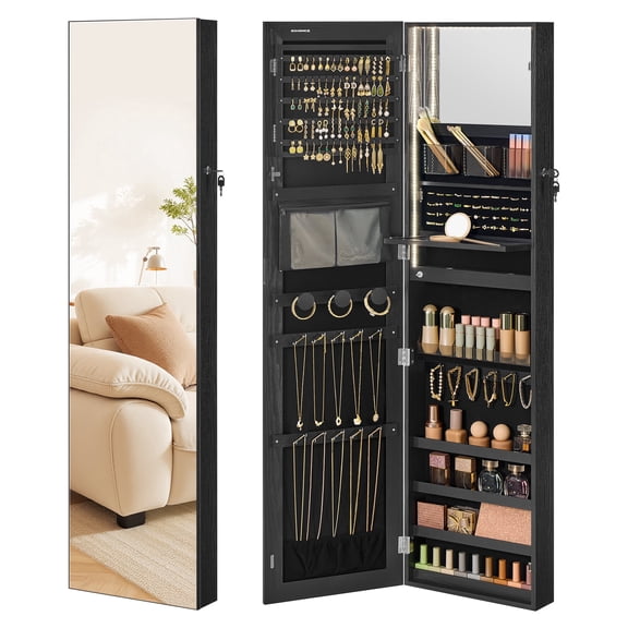 SONGMICS 55 Inches Tall Spacious Jewelry Cabinet, Jewelry Armoire with Light-Up Interior Mirror, Wall or Door Mounted Jewelry Storage Organizer, Lockable, Gift Idea, Black
