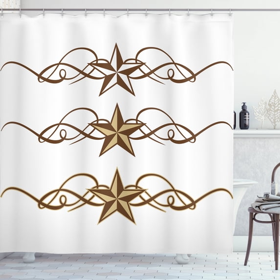Primitive Country Shower Curtain, Western Stars Scroll Design Ornate Swirls Antique Artistic Print, Fabric Bathroom Set with Hooks, 69W X 84L Inches Extra Long, Brown Pale Coffee, by Ambesonne