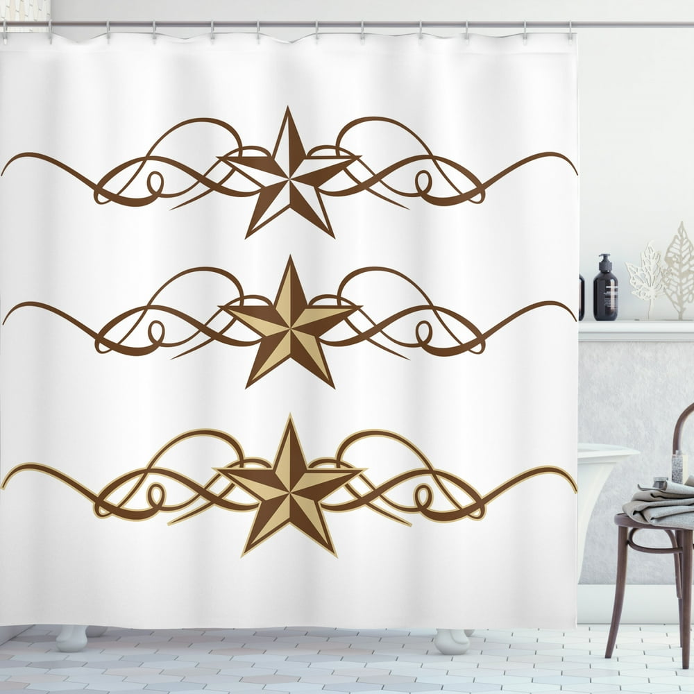 Primitive Country Shower Curtain, Western Stars Scroll Design Ornate