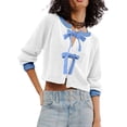 thumbnail image 1 of FOCUSNORM Women Tie Front Cardigan Sweaters Color Block Open Front Long Sleeve Round Neck Knitted Crop Tops Fall Going Out Tops, 1 of 5