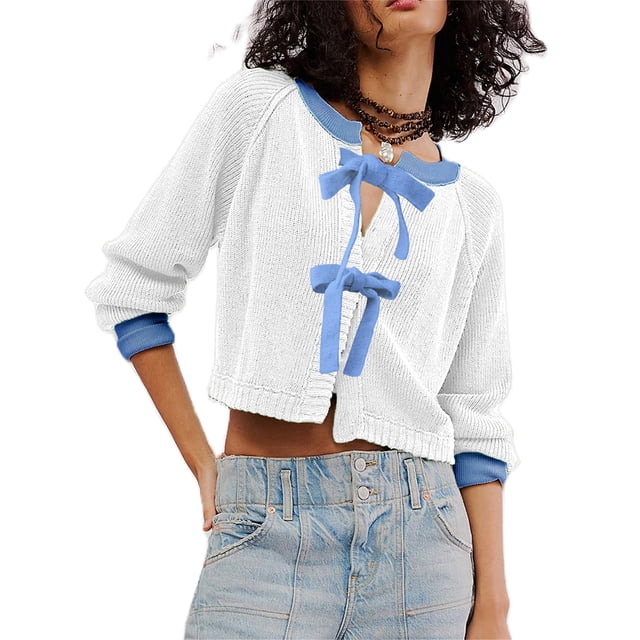 Gupgi Chandails pour Femmes Manches Longues Nœud Papillon devant Cardigan Tricoté Contrasté Automne Pull Slim
