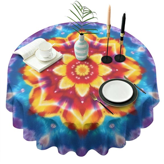 Rainbow Tie Dye Mandala Pattern Round Tablecloth 60"x60",Wrinkle Wipeable Table Cloth for Kitchen Dining Room Picnic Patio Party